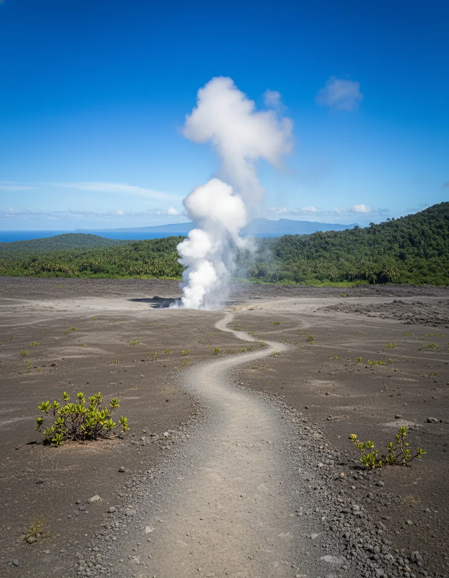 A group of hikers crossing a vast, desolate ash plain on Ambrym Island with a volcano in the distance.