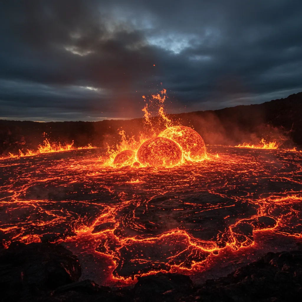 Close-up view of a bubbling, orange-red lava lake inside Marum volcano, showing molten rock splashes.