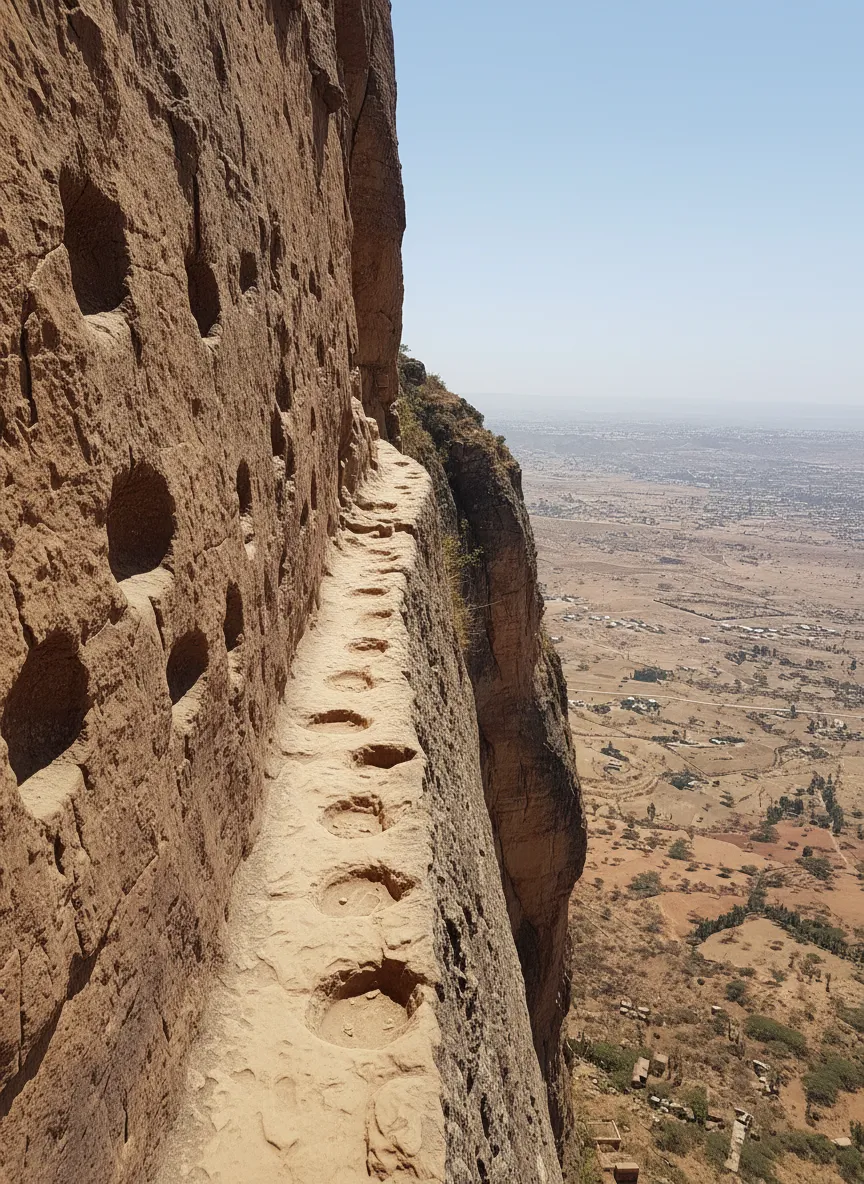 A climber navigating the narrow ledge and handholds leading to Maryam Korkor church