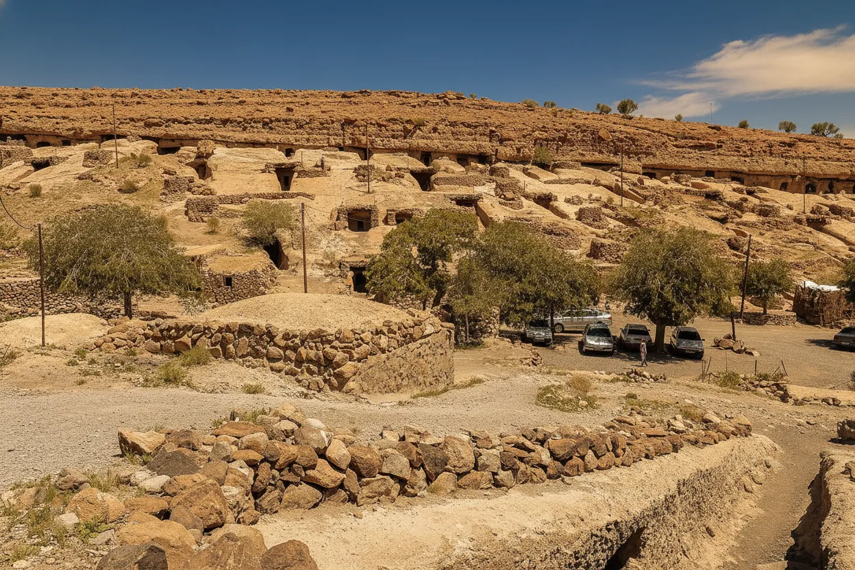 Panoramic view of Maymand Cave Village nestled in a desert valley, showing numerous rock-hewn homes blending into the mountain face.