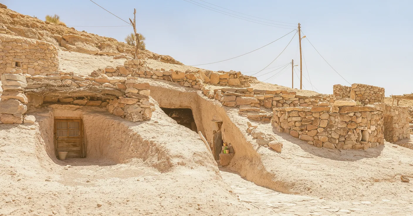 A local Maymand resident, possibly an elder, standing near the entrance of a rock house, offering a friendly smile.