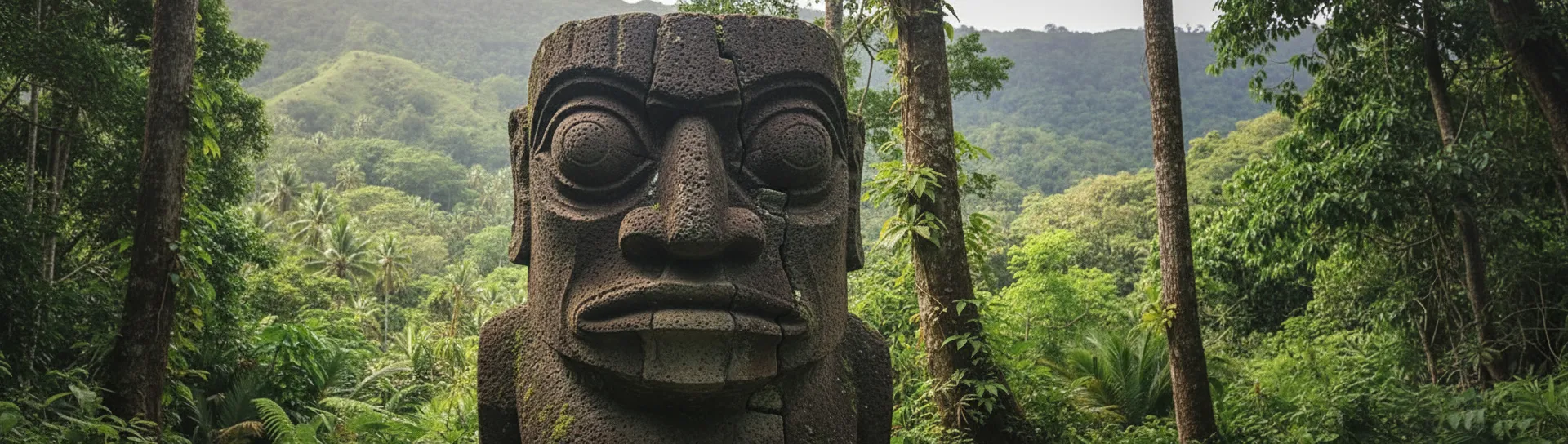Ancient megalithic tiki statue with exaggerated features emerging from lush jungle foliage in Nuku Hiva's Taipivai Valley.