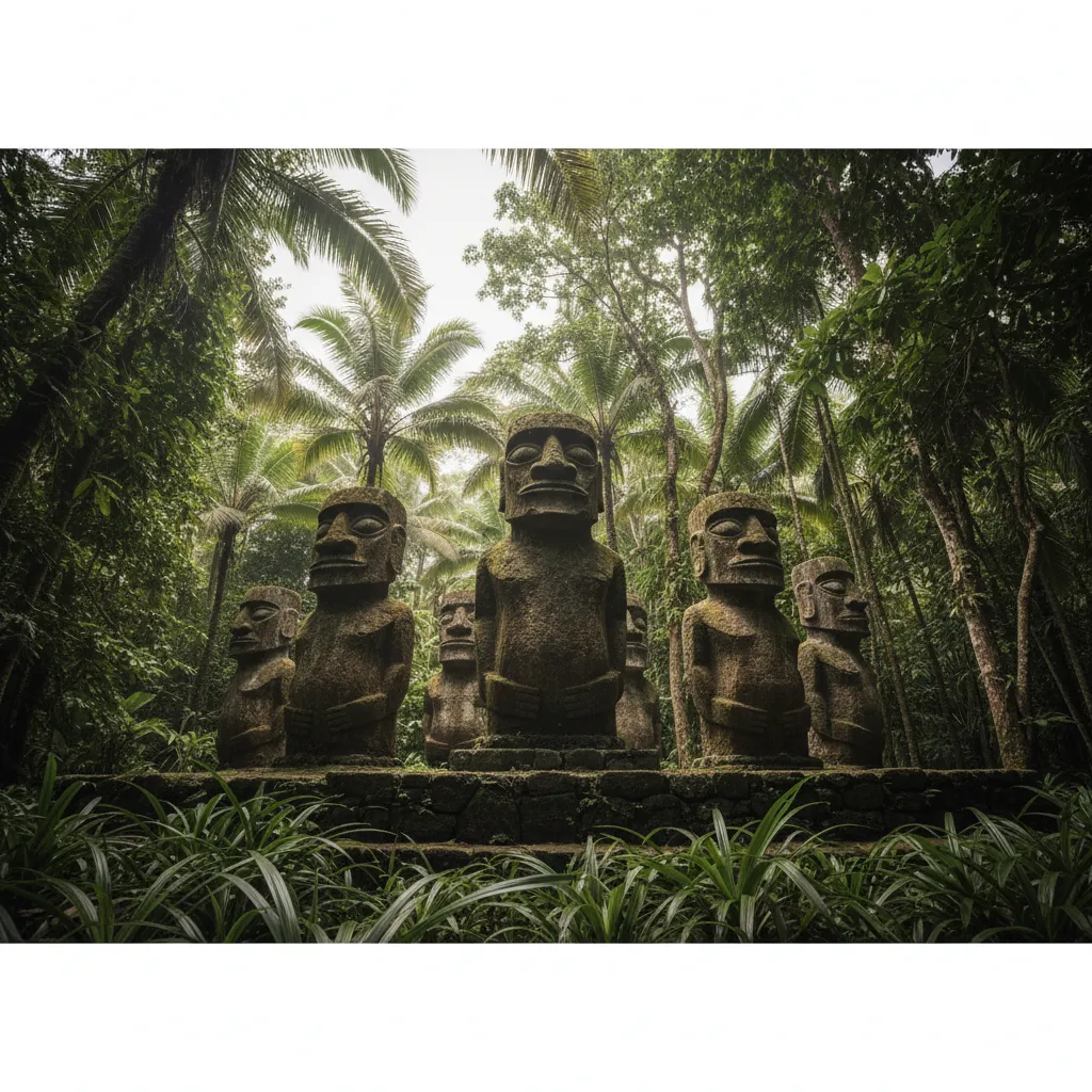 Overgrown ceremonial platform (tohua) in Taipivai Valley with multiple ancient tiki statues visible among the trees.