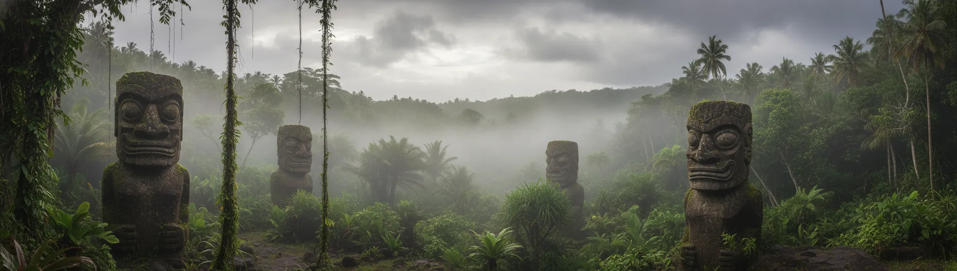 Local Marquesan guide pointing to intricate carvings on an ancient stone tiki statue in Nuku Hiva.