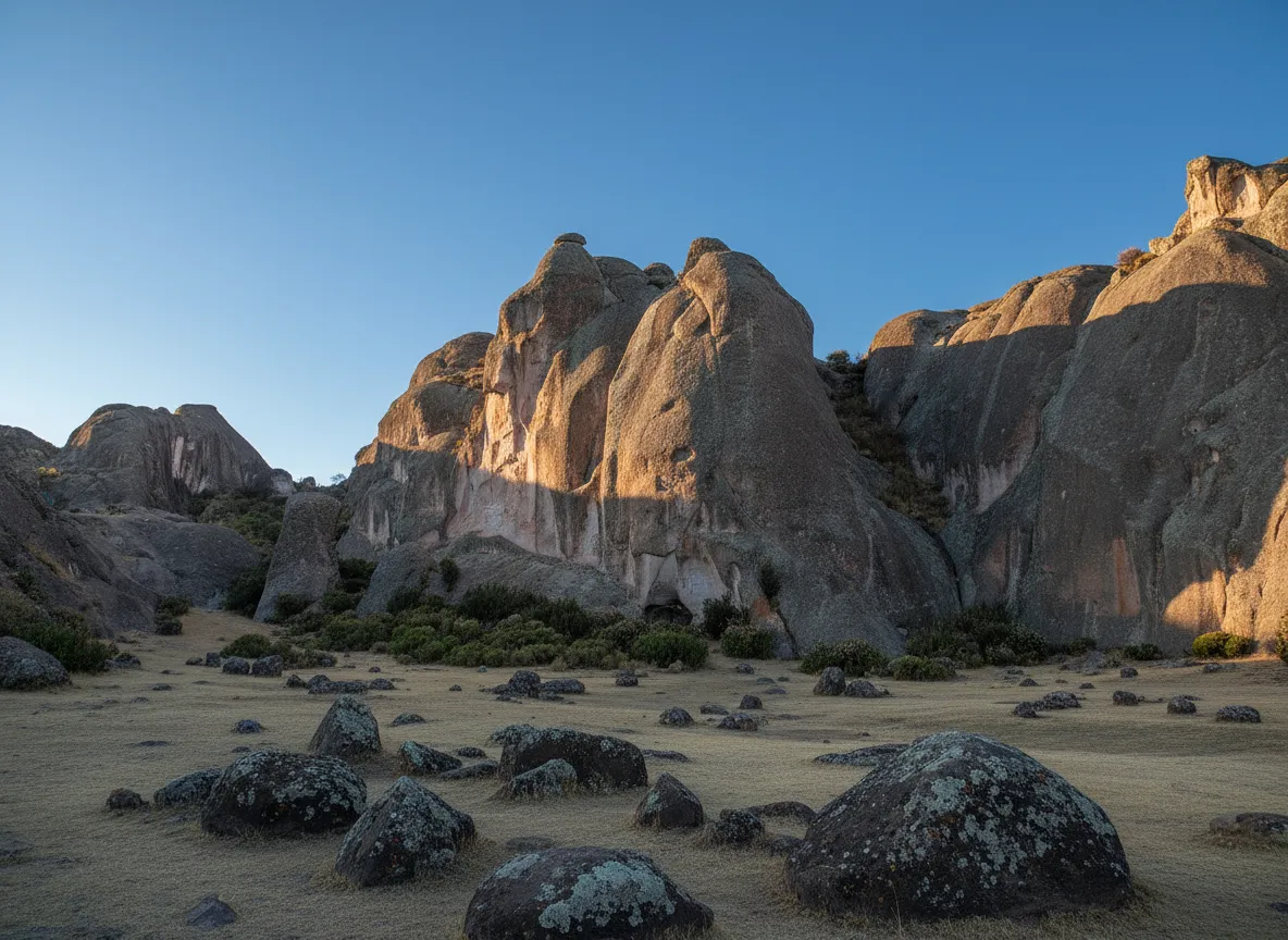 Panoramic view of the Marcahuasi Stone Forest at sunset, showcasing large rock formations resembling faces and animals against a dramatic sky.