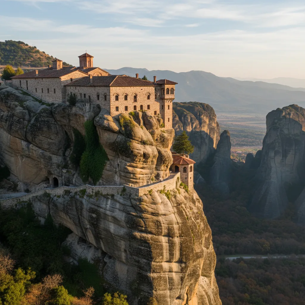 Panoramic view of Meteora monasteries perched on towering rock formations at sunset