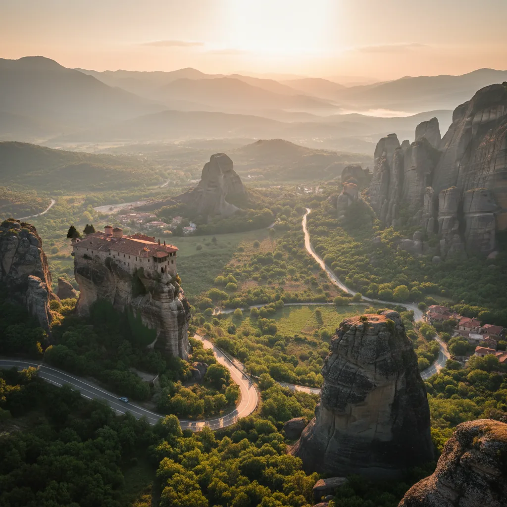 Interior view of a Meteora monastery with ancient frescoes and religious artifacts