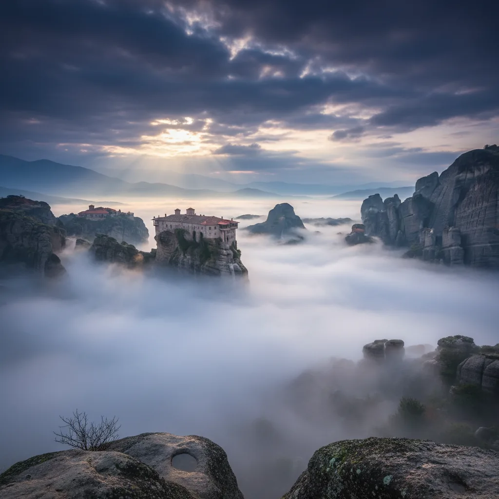A winding road leading up to the Meteora monasteries, with dramatic rock formations on either side