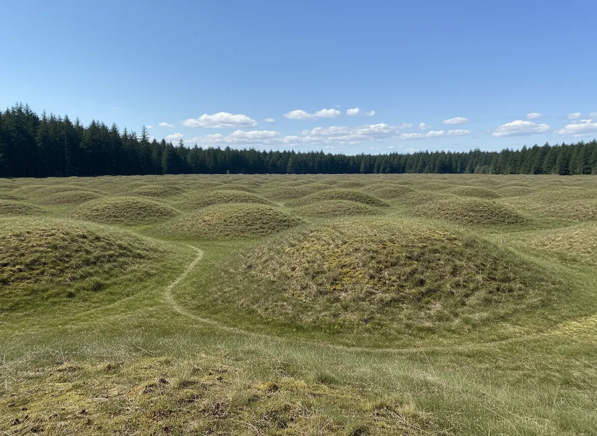 Thousands of symmetrical, dome-shaped Mima Mounds stretching across a vast, green prairie under a clear sky.