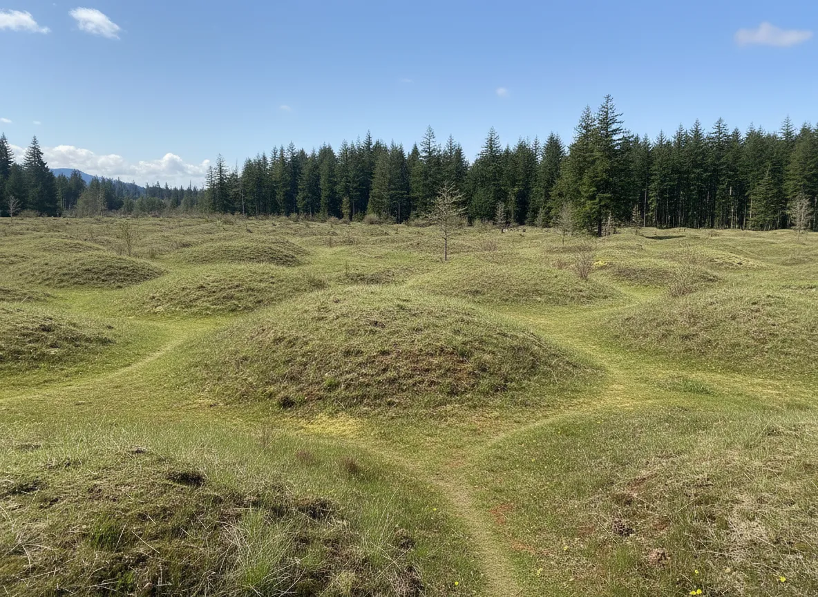 Close-up of wildflowers blooming on top of a Mima Mound, with more mounds in the soft focus background.
