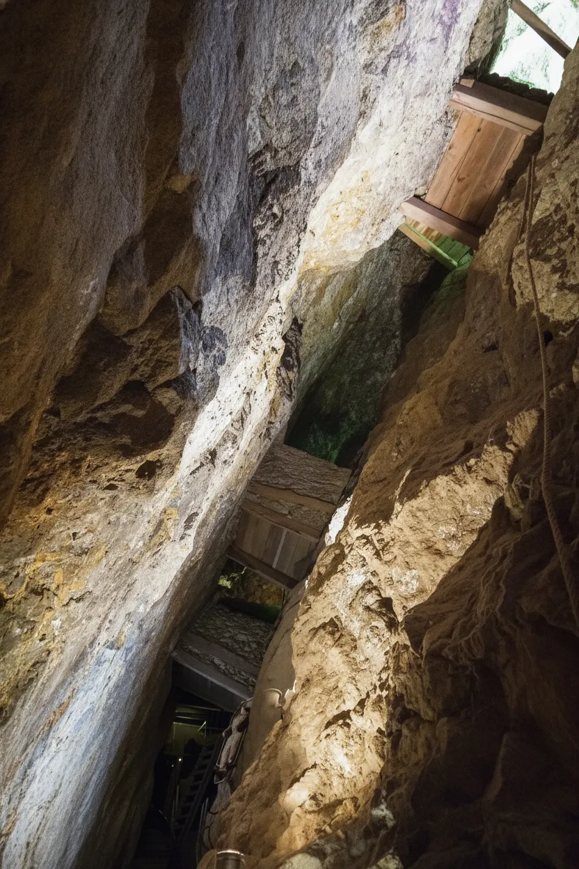 Historic mining tools and rock formations inside Mina El Edén, Zacatecas