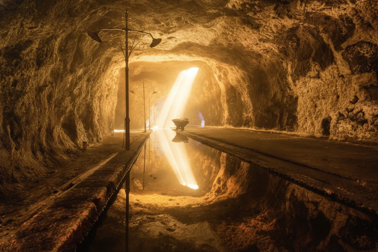 Descend into a vast, shimmering underworld where an entire cathedral and a colossal, glowing salt crystal heart have been carved from the earth itself.