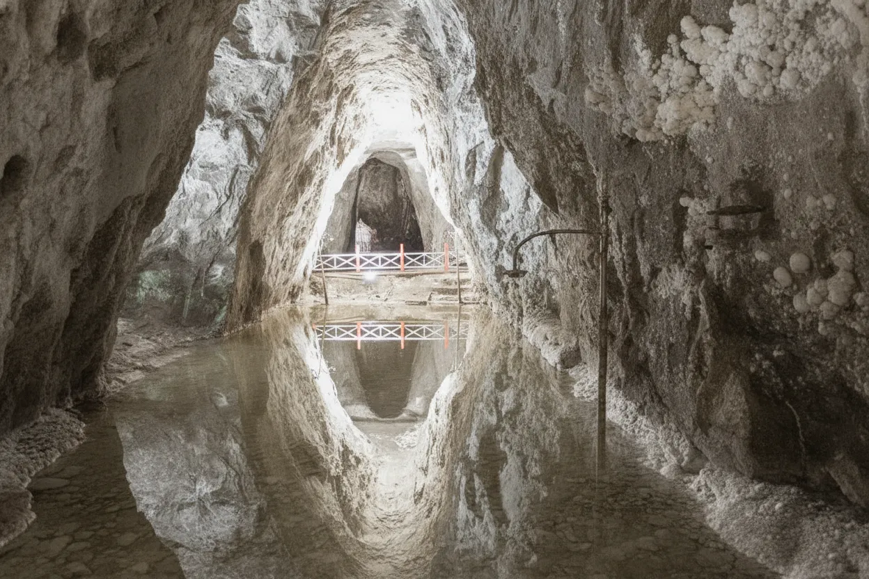 Ethereal blue-lit brine pool reflecting the carved salt ceiling in Nemocón Salt Mine.