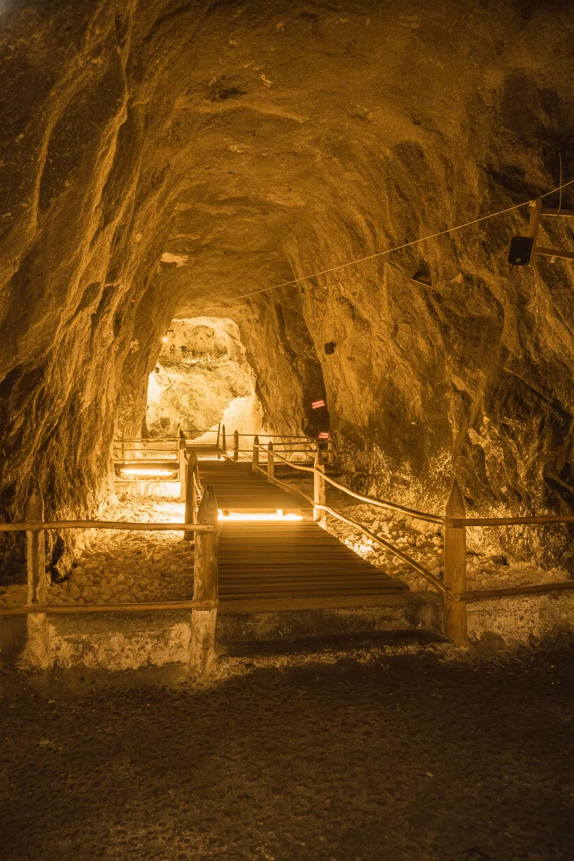 Giant 1300kg salt crystal carved into a glowing heart, illuminated with colored lights in the Nemocón Salt Mine.