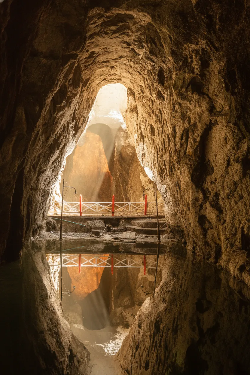 Group of visitors exploring a well-lit tunnel inside the Nemocón Salt Mine with a guide.