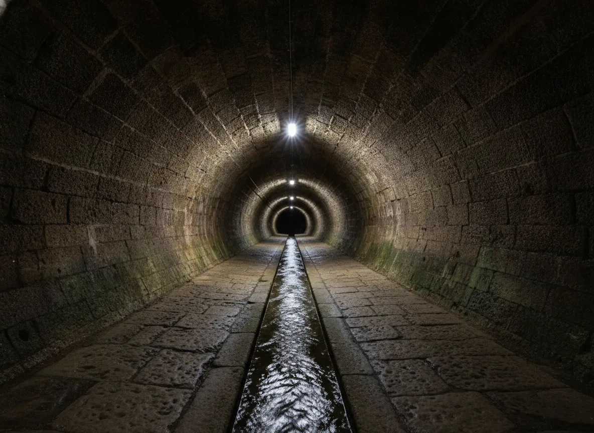 Inside the secret aqueduct, a narrow, dark tunnel with ancient stone walls and a small stream of water.