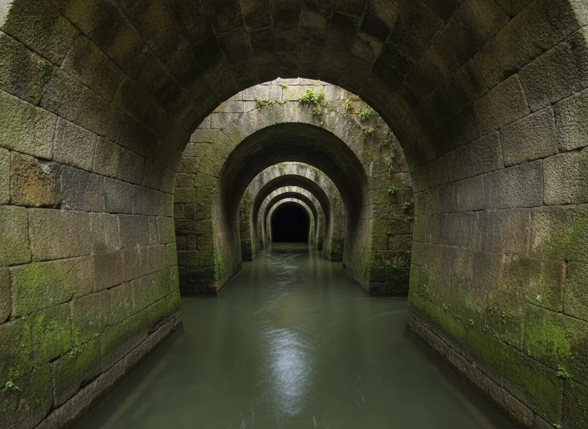 A guided tour group exploring a wider section of the underground aqueduct, illuminated by headlamps.