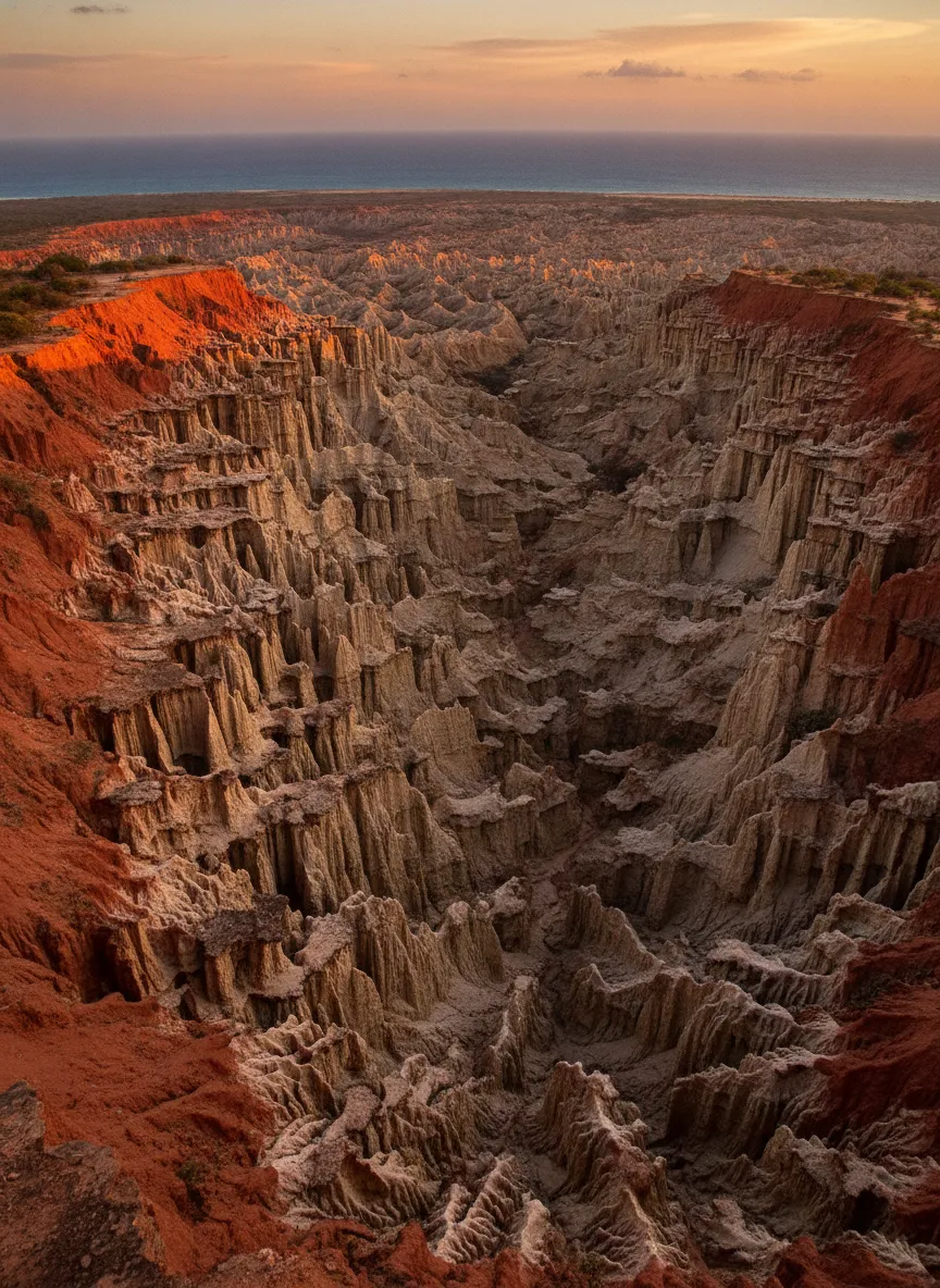Eons of wind and rain have sculpted Angola's coastline into an otherworldly landscape of jagged spires and deep canyons, earning it the evocative name 'Moon Viewpoint'.