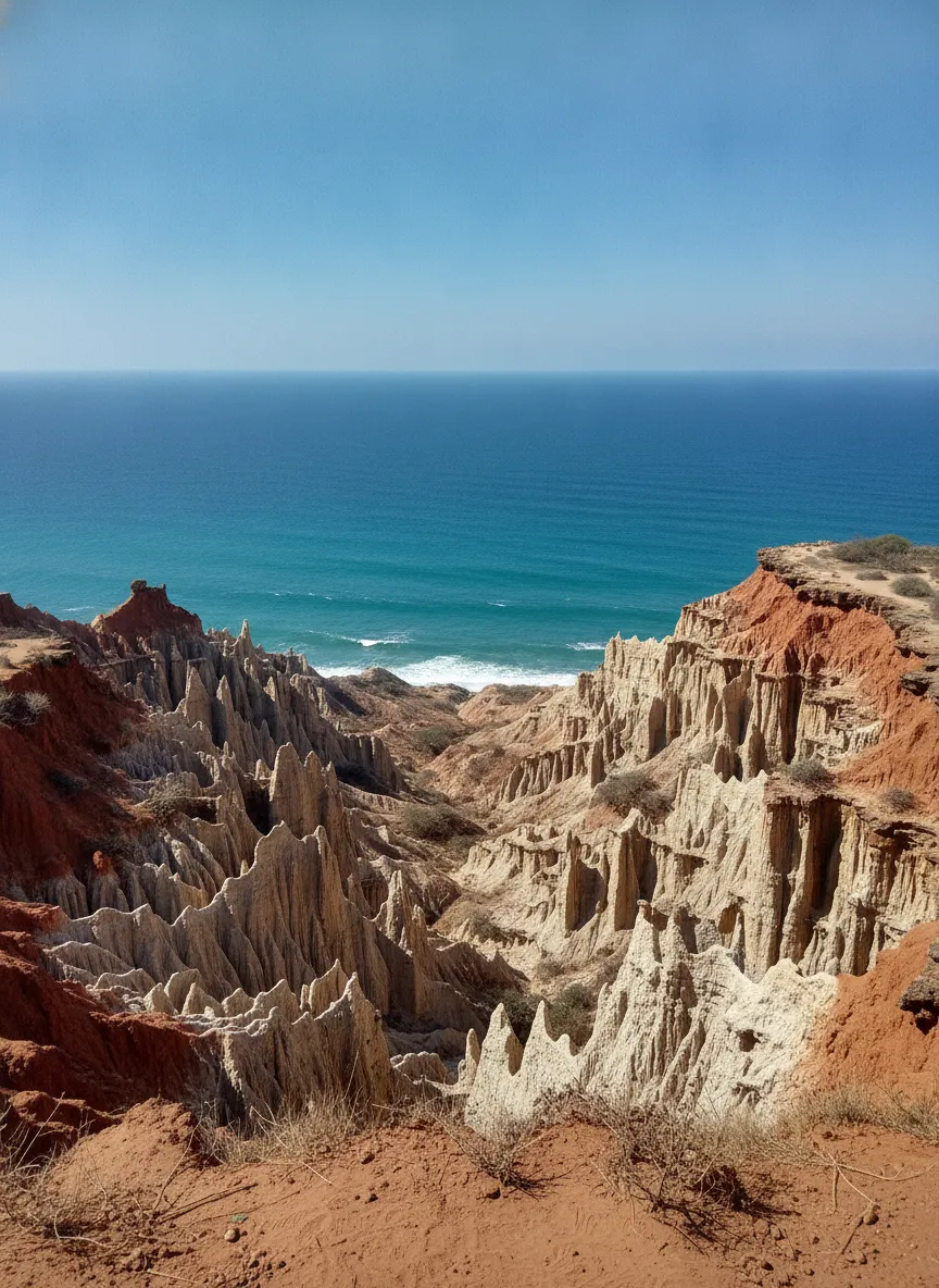 Close-up of the intricate eroded patterns and deep ravines at Miradouro da Lua, showcasing the reddish-brown cliffs.