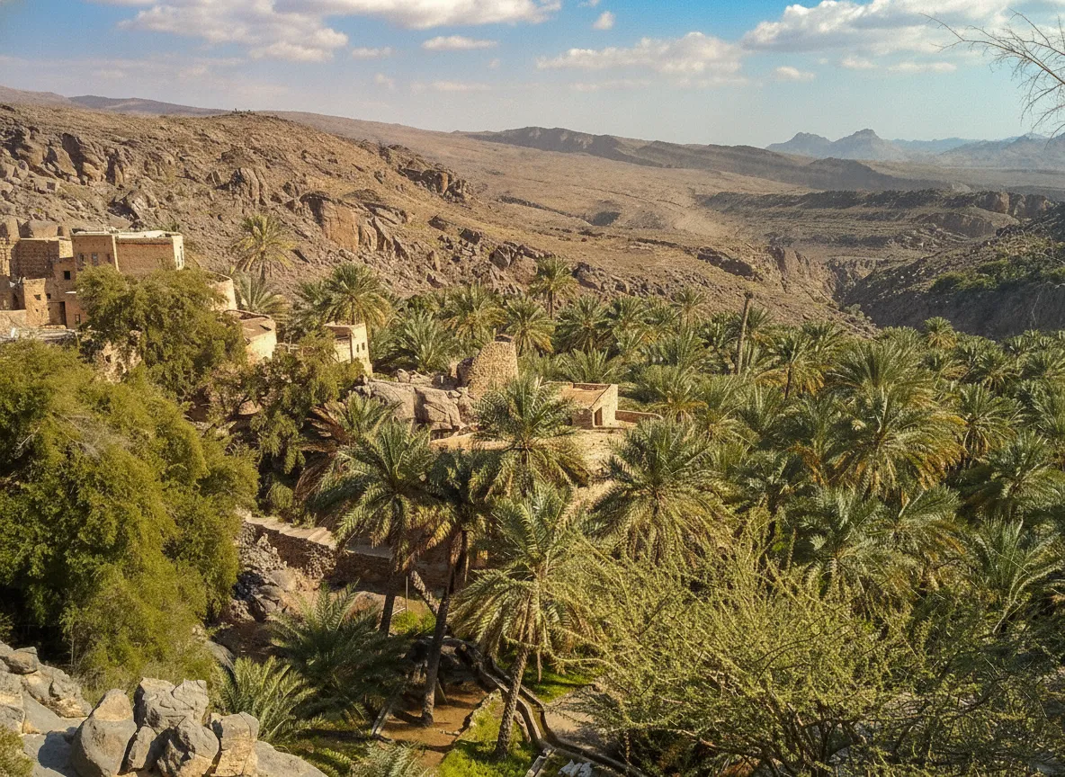 Ancient mud-brick houses of Misfat al Abriyeen cascading down a steep mountain slope, surrounded by lush date palm terraces.