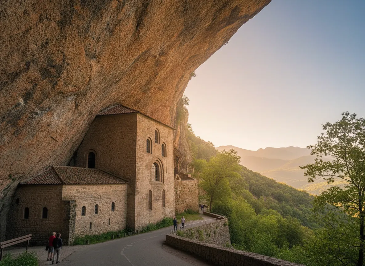 Deep in the Pyrenees, a medieval monastery is quite literally swallowed by the mountain, its ancient stone walls built directly beneath a colossal, curving rock overhang that acts as its roof.