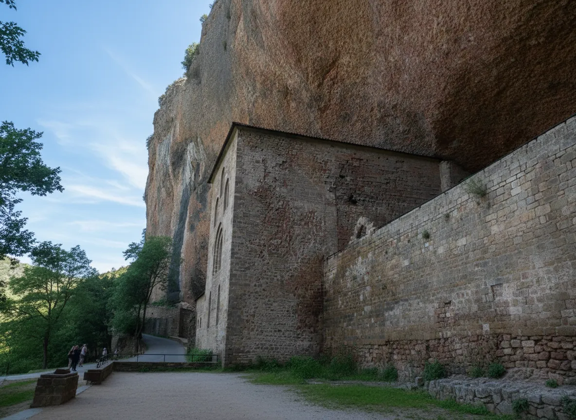 Monasterio de San Juan de la Peña facade built under a massive rock overhang in the Pyrenees