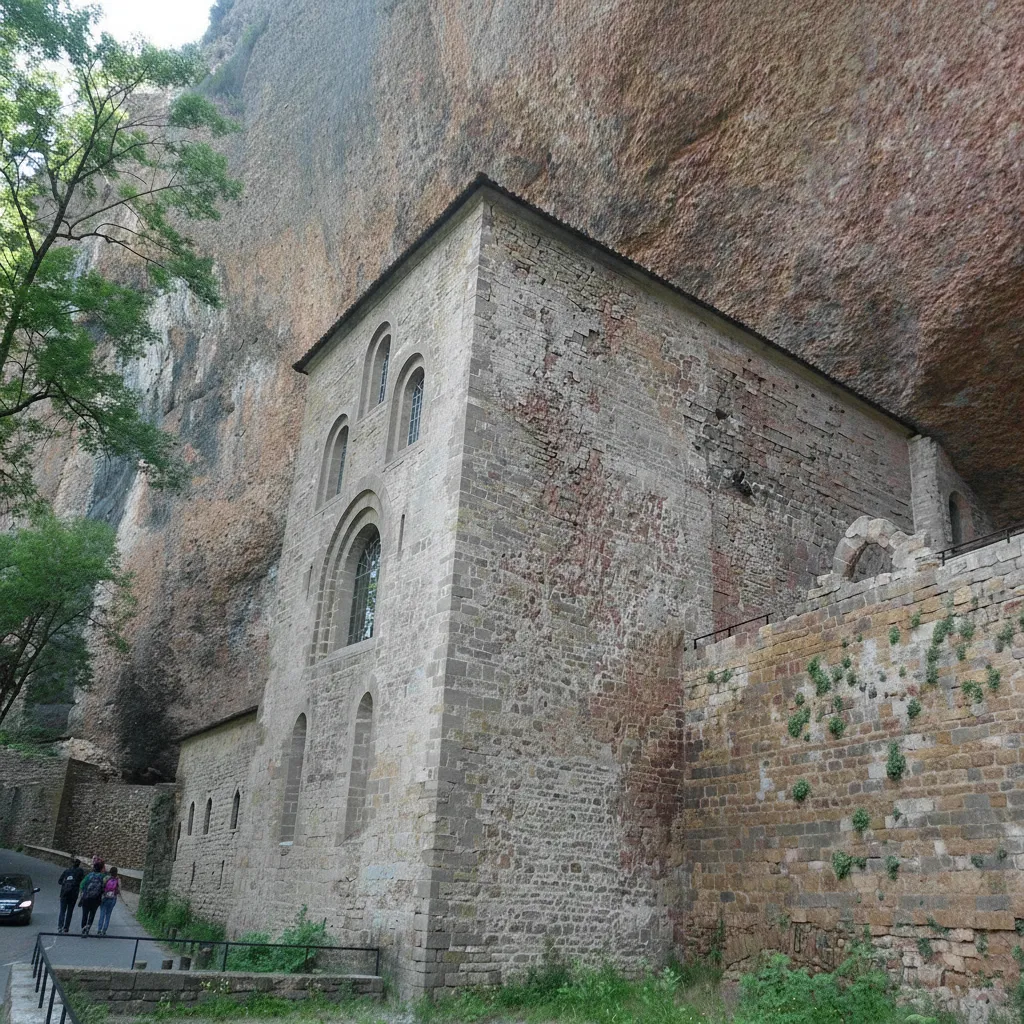 Romanesque cloister at Monasterio de San Juan de la Peña with carved capitals and the natural rock overhang forming one wall
