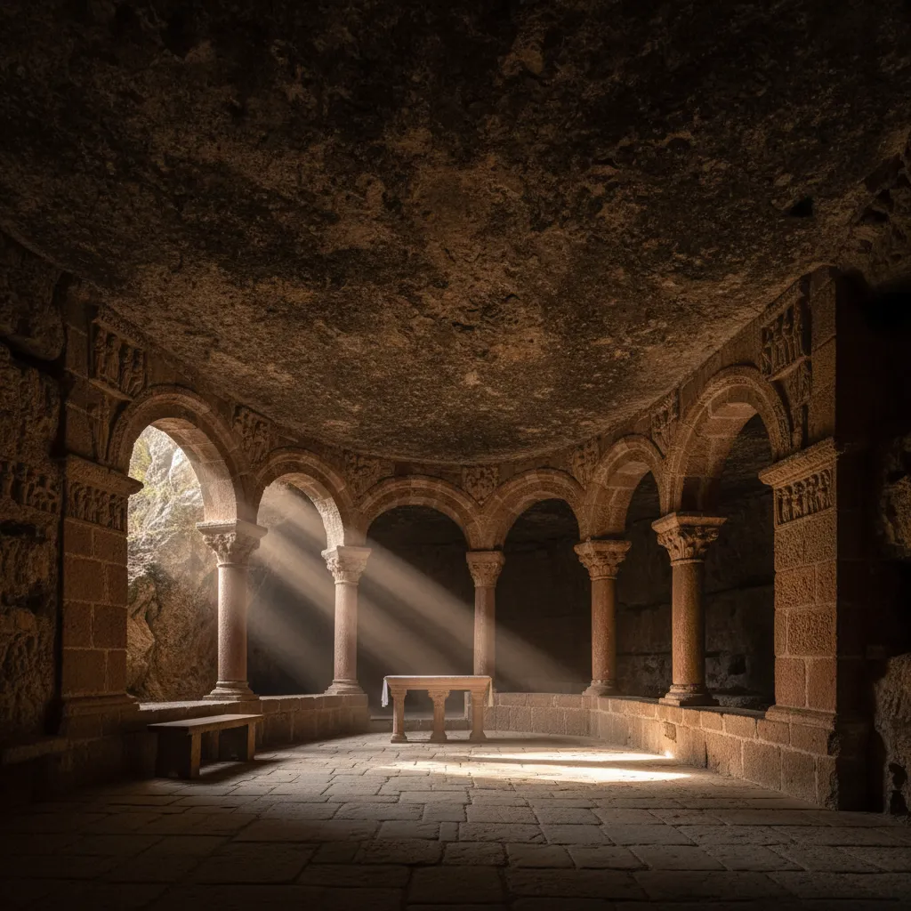 Interior view of the church carved into the rock at San Juan de la Peña, showing ancient stone walls