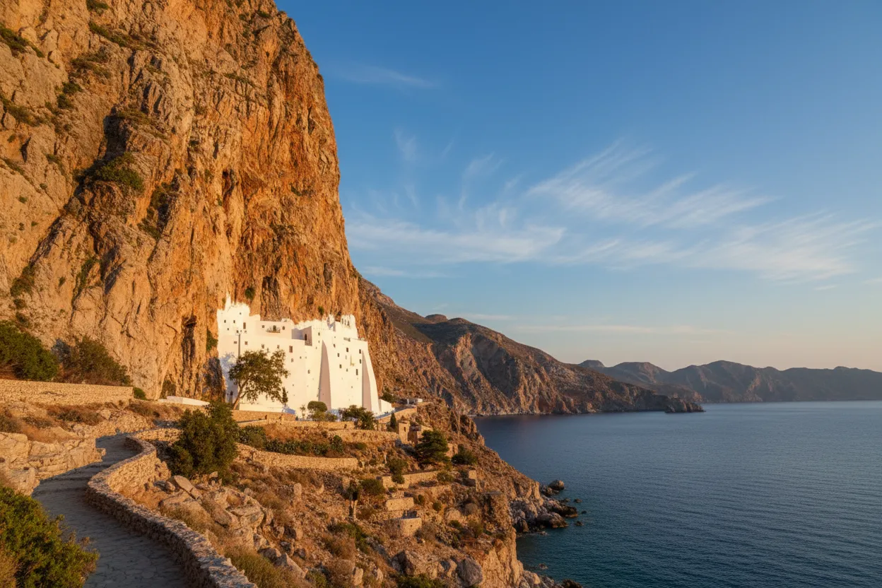 Clinging to a sheer, rust-red cliff face 300 meters above the azure Aegean, a dazzling white monastery seemingly floats between sea and sky, an 11th-century marvel defying gravity.