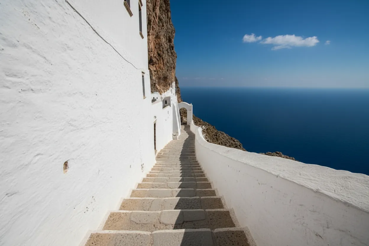 Interior view of the Monastery of Panagia Hozoviotissa, showing a narrow corridor carved into the rock.
