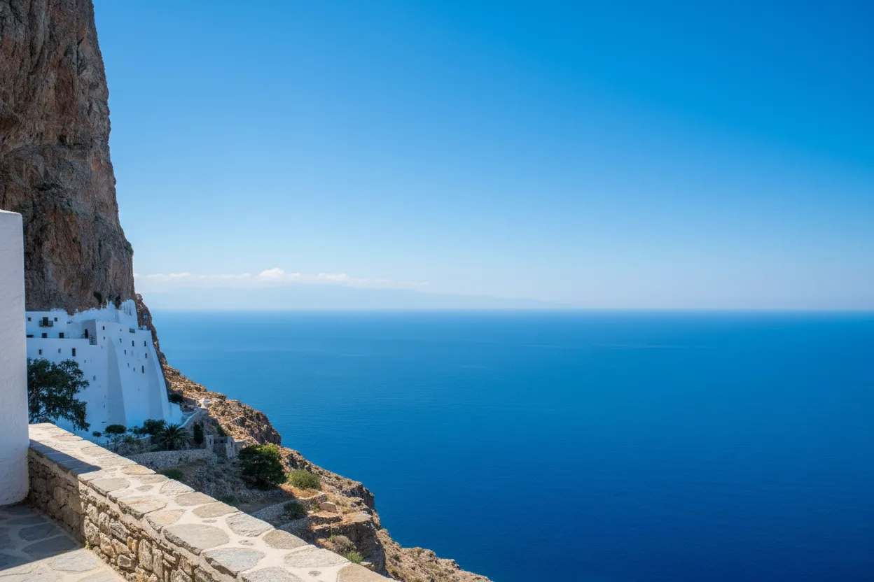 Panoramic view of the Aegean Sea from the Monastery of Panagia Hozoviotissa, Amorgos.
