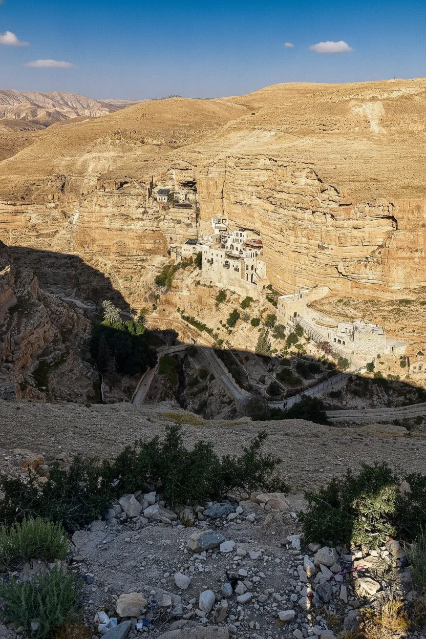 Monastery of Saint George of Choziba clinging to a sheer cliff face in Wadi Qelt, Judean Desert.
