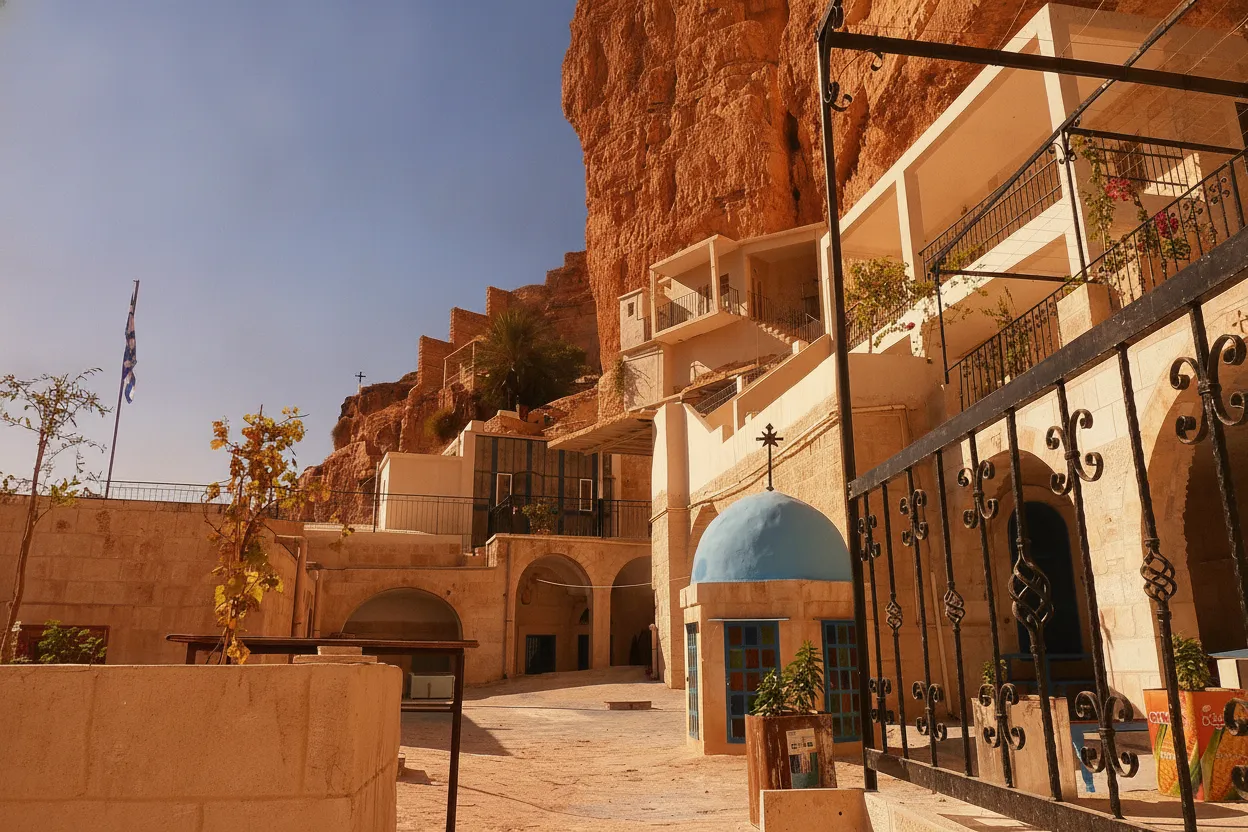 Footbridge leading to the Monastery of Saint George of Choziba across the Wadi Qelt canyon.