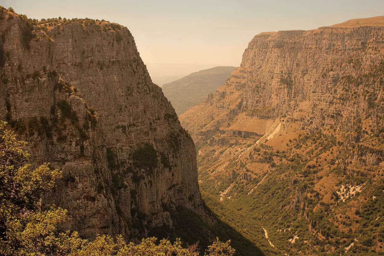 A narrow, cliff-edge path leading to the Monastery of Saint Paraskevi, with stunning views of the Vikos Gorge.