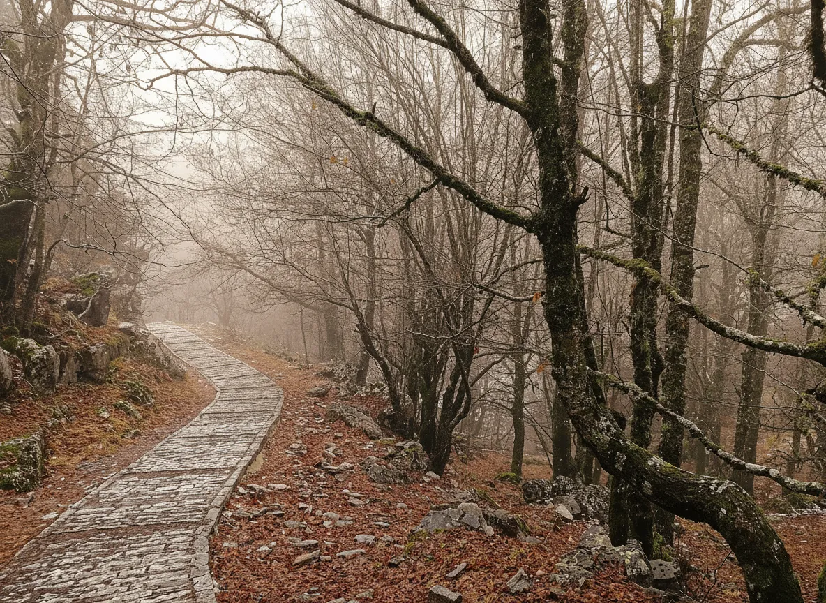 Panoramic view into the Vikos Gorge from the Monastery of Saint Paraskevi, showing the river far below.