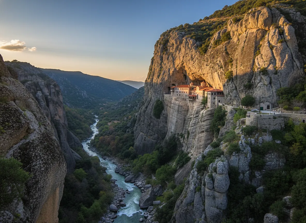 Perched precariously in the sheer face of a towering limestone cliff, this ancient monastery looks like it was woven into the rock itself, high above a rushing river.