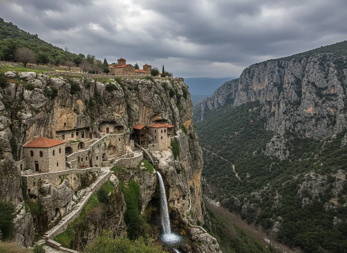 Distant view of Moni Prodromou monastery carved into the sheer cliff face of Lousios Gorge, Greece, with the river visible below.