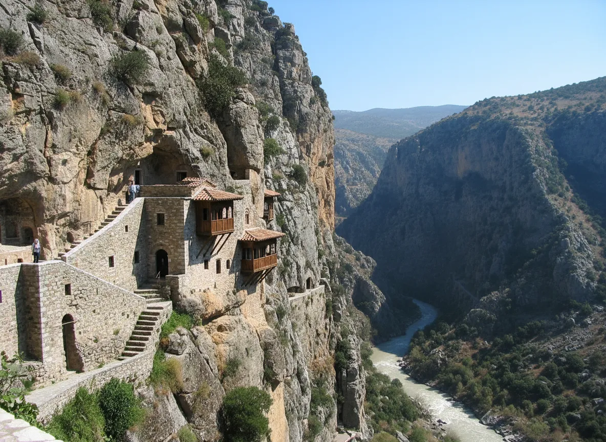 Inside Moni Prodromou monastery, showing a narrow stone corridor and a small chapel carved into the cliff face, with a monk walking by.