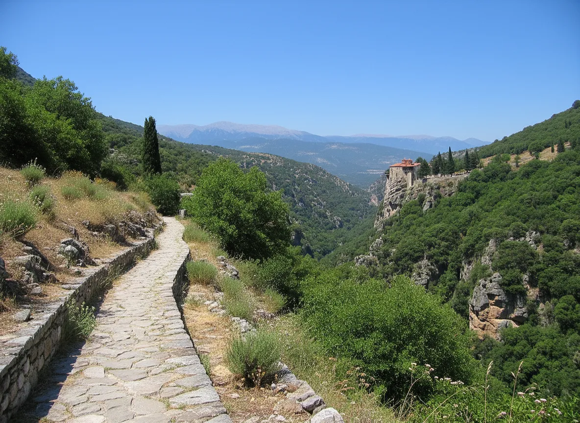 View from a balcony of Moni Prodromou, looking down into the lush Lousios Gorge with the river winding through it, under a clear blue sky.