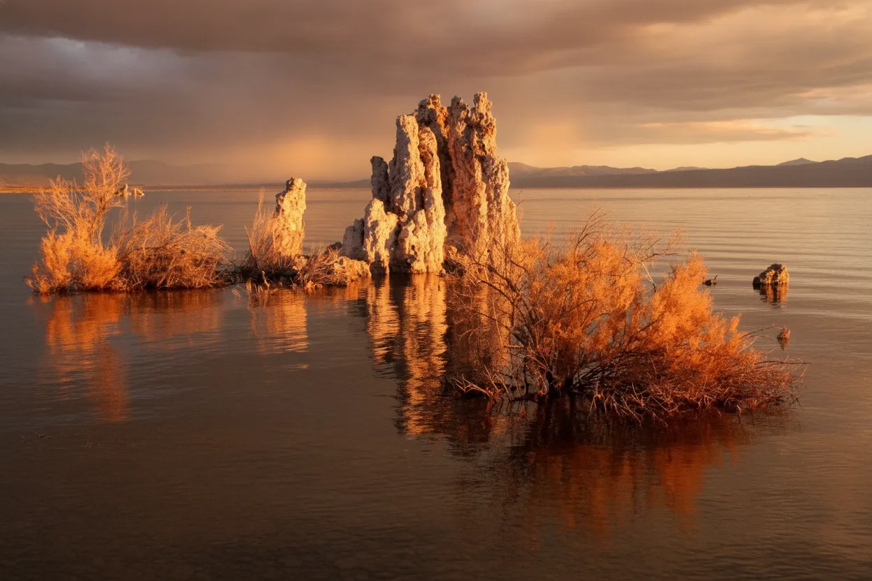 Imagine an alien landscape of towering, calcified spires rising dramatically from the shimmering surface of a hyper-saline lake, where freshwater springs meet ancient alkaline waters.