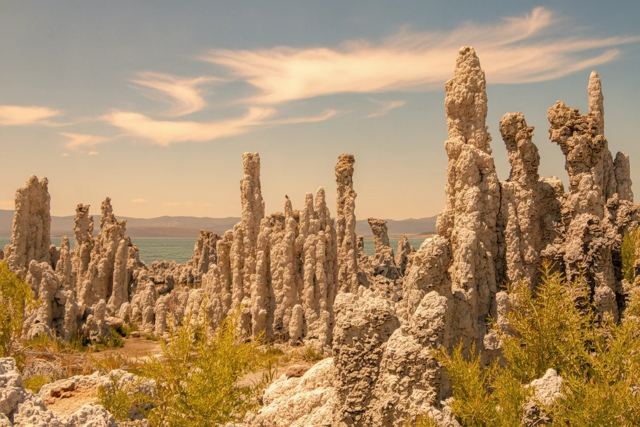 Panoramic view of Mono Lake at sunrise, with numerous tufa towers reflecting in the calm, hyper-saline water and colorful sky above.