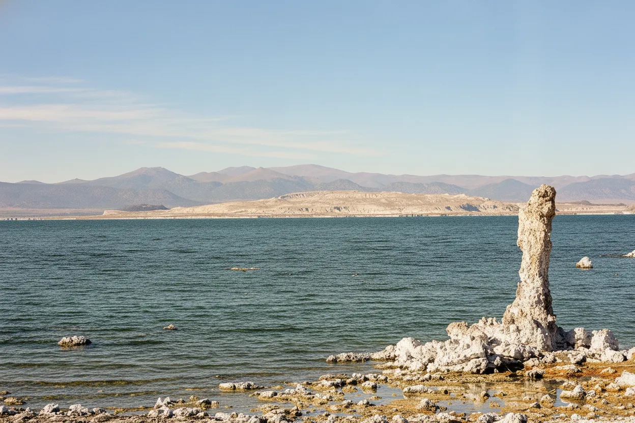 A lone traveler walking on a boardwalk through the tufa towers at Mono Lake, with the vast lake and distant mountains in the background.
