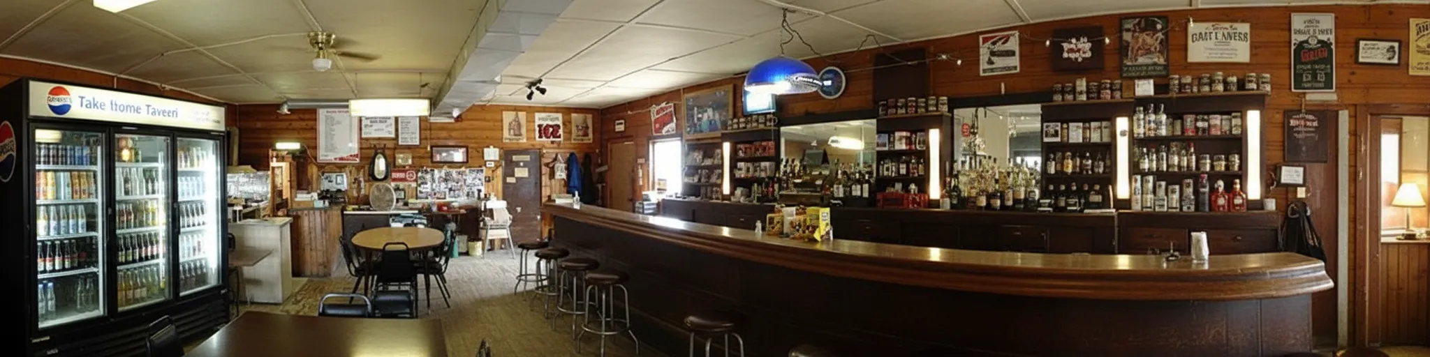 Interior shot of Monowi Tavern, showing the bar area with patrons seated, enjoying drinks and food, with Elsie Eiler possibly in the background.