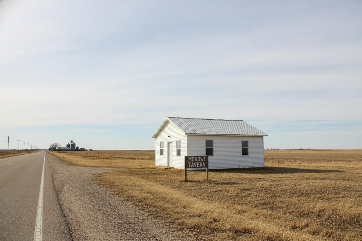 Exterior view of Monowi Tavern and the small Monowi Public Library shack, with a vast, rural Nebraska landscape in the background.