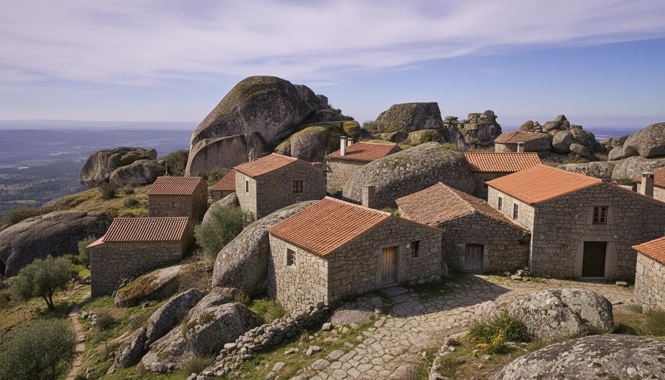 Panoramic view of Monsanto Castle ruins overlooking the unique boulder houses of the village below