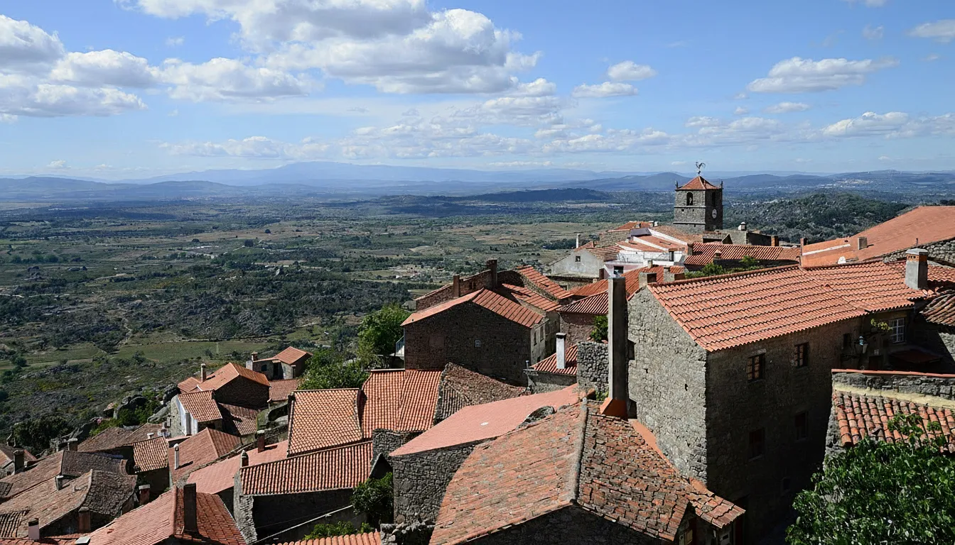 Narrow street in Monsanto with houses built around and under giant granite rocks, showing intricate details