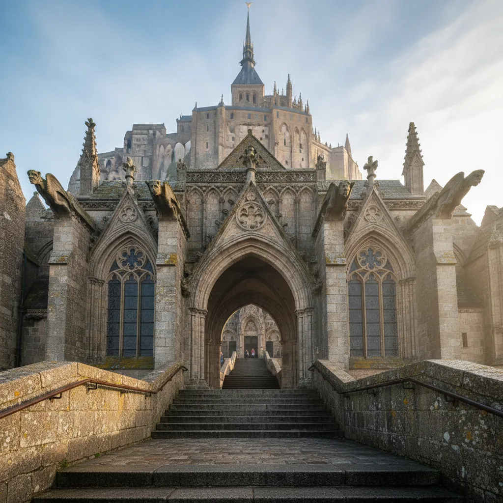 Panoramic view of Mont Saint-Michel rising from the tidal flats at sunset, with the abbey illuminated.