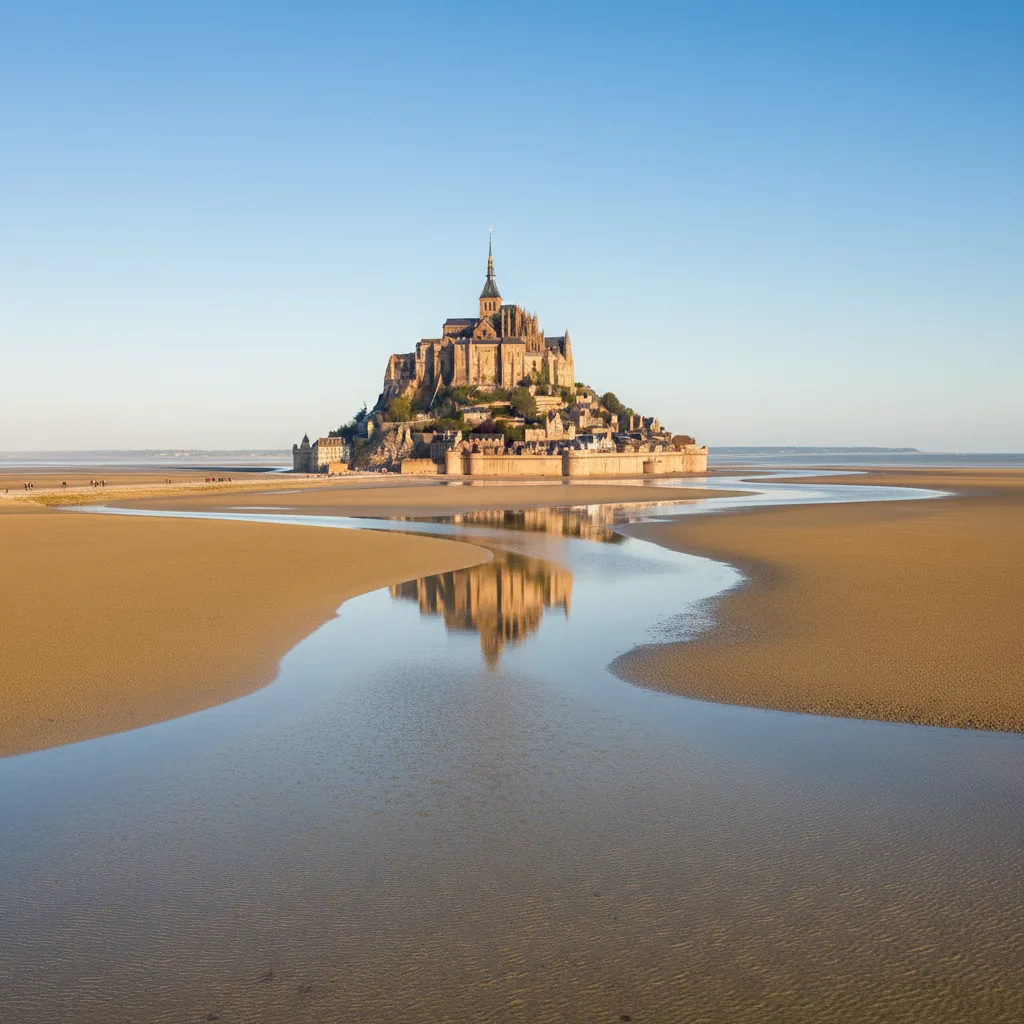 Close-up view of the intricate Gothic architecture of Mont Saint-Michel Abbey, including its spire and flying buttresses.