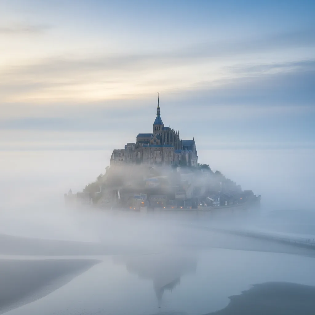 A busy cobblestone street within the medieval village of Mont Saint-Michel, lined with shops and old buildings.