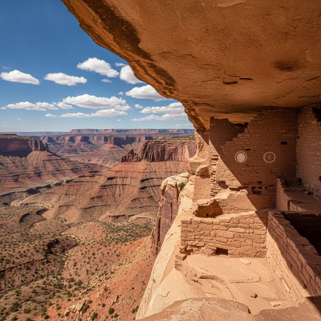 A hiker observing the detailed pictographs and ancient art on the walls of Moon House Ruin.